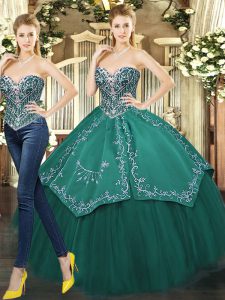 Floor Length Dark Green Quinceanera Dress Tulle Sleeveless Beading and Appliques