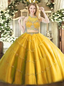 Floor Length Zipper 15th Birthday Dress Gold for Military Ball and Sweet 16 and Quinceanera with Beading