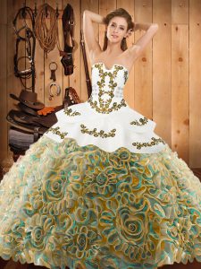 Multi-color Ball Gowns Embroidery Quinceanera Gowns Lace Up Satin and Fabric With Rolling Flowers Sleeveless With Train