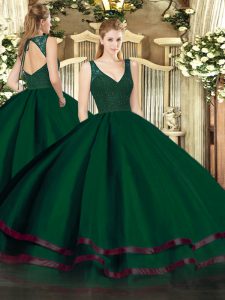 Dark Green A-line Tulle V-neck Sleeveless Beading and Ruffled Layers Floor Length Zipper 15th Birthday Dress