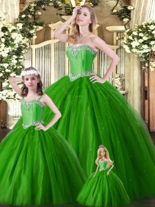Custom Fit Green Tulle Lace Up Sweet 16 Dresses Sleeveless Floor Length Beading