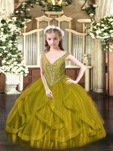 Floor Length Ball Gowns Sleeveless Olive Green Pageant Dresses Lace Up