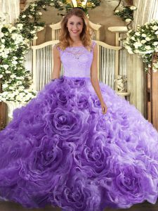Custom Design Fabric With Rolling Flowers Scoop Sleeveless Zipper Lace 15th Birthday Dress in Lavender
