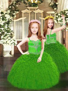 Best Green Lace Up Pageant Dress for Teens Beading and Ruffles Sleeveless Floor Length