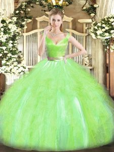 Floor Length Yellow Green Ball Gown Prom Dress V-neck Sleeveless Zipper