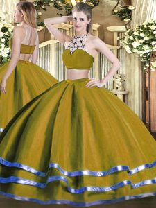New Style High-neck Sleeveless Backless Quince Ball Gowns Olive Green Tulle