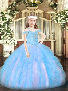 Cute Off The Shoulder Sleeveless Pageant Dress for Teens Floor Length Beading and Ruffles Baby Blue Organza