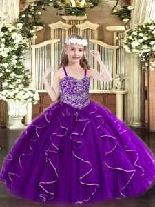 Purple Ball Gowns Organza Straps Sleeveless Beading and Ruffles Floor Length Lace Up Little Girls Pageant Dress Wholesale