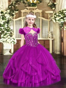 Fuchsia Ball Gowns Straps Sleeveless Tulle Floor Length Lace Up Beading and Ruffles Girls Pageant Dresses