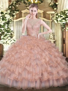 Champagne Sleeveless Tulle Backless Sweet 16 Dresses for Military Ball and Sweet 16 and Quinceanera