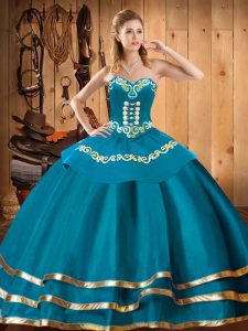 High Class Teal Ball Gowns Sweetheart Sleeveless Organza Floor Length Lace Up Embroidery 15th Birthday Dress