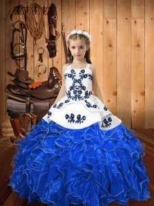 Most Popular Blue Little Girls Pageant Gowns Sweet 16 and Quinceanera with Embroidery and Ruffles Straps Sleeveless Lace Up