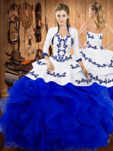 Blue Ball Gowns Strapless Sleeveless Satin and Organza Floor Length Lace Up Embroidery and Ruffles Sweet 16 Quinceanera Dress