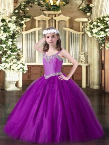 Eggplant Purple Lace Up Glitz Pageant Dress Beading Sleeveless Floor Length
