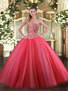 Luxury Coral Red Sweetheart Neckline Beading Quinceanera Dress Sleeveless Lace Up