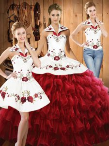 Popular Wine Red Organza Lace Up Halter Top Sleeveless Floor Length Sweet 16 Quinceanera Dress Embroidery and Ruffled Layers