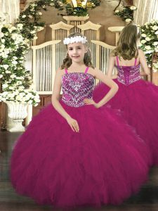 Fuchsia Tulle Lace Up Straps Sleeveless Floor Length Pageant Dress for Girls Beading and Ruffles