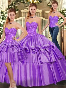 High Quality Sleeveless Floor Length Beading and Ruffled Layers Lace Up Quince Ball Gowns with Eggplant Purple