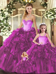 Fuchsia Lace Up Sweetheart Ruffles Quinceanera Dress Organza Sleeveless