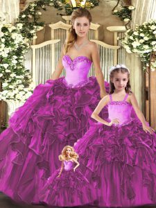 Fuchsia Lace Up Sweetheart Ruffles Quinceanera Dress Organza Sleeveless