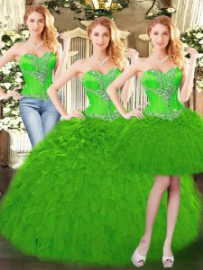 Green Lace Up Quinceanera Dresses Beading and Ruffles Sleeveless Floor Length