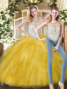 Glittering Organza Sleeveless Floor Length Quinceanera Gowns and Beading and Ruffles