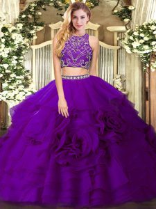 Ideal Beading and Ruffled Layers Ball Gown Prom Dress Eggplant Purple Zipper Sleeveless Floor Length