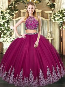 Sleeveless Floor Length Beading and Appliques Zipper Ball Gown Prom Dress with Fuchsia