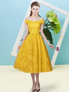 Empire Vestidos de Damas Gold Off The Shoulder Lace Cap Sleeves Tea Length Lace Up