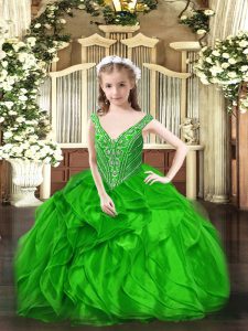 Floor Length Green Pageant Gowns V-neck Sleeveless Lace Up