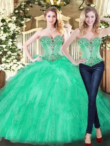 Traditional Floor Length Lace Up Sweet 16 Dress Green for Military Ball and Sweet 16 and Quinceanera with Beading and Ruffles