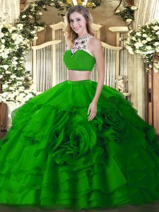 Super Green Two Pieces Tulle High-neck Sleeveless Beading and Ruffled Layers Floor Length Backless Quinceanera Dresses