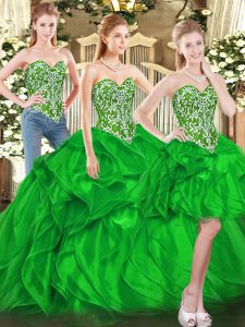 Green Sleeveless Tulle Lace Up Quince Ball Gowns for Military Ball and Sweet 16 and Quinceanera