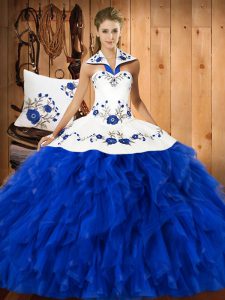 Blue And White Ball Gowns Satin and Organza Halter Top Sleeveless Embroidery and Ruffles Floor Length Lace Up Sweet 16 Dress