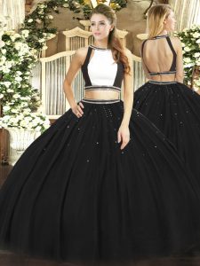 Discount Black Two Pieces Halter Top Sleeveless Tulle Floor Length Backless Ruching Quinceanera Gown