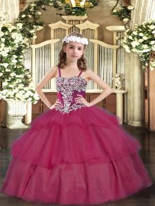 Perfect Wine Red Pageant Gowns Party and Quinceanera with Appliques and Ruffled Layers Straps Sleeveless Lace Up