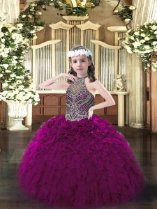 Fuchsia Ball Gowns Organza Halter Top Sleeveless Beading and Ruffles Floor Length Lace Up Little Girl Pageant Dress