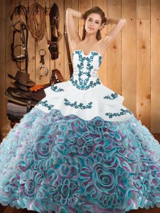 Sweep Train Ball Gowns Quinceanera Dress Multi-color Strapless Satin and Fabric With Rolling Flowers Sleeveless With Train Lace Up