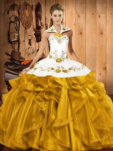 Sleeveless Satin and Organza Floor Length Lace Up Sweet 16 Dress in Gold with Embroidery and Ruffles