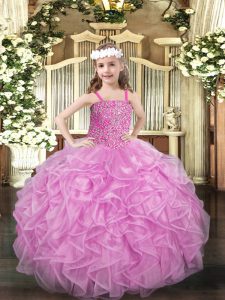 Floor Length Rose Pink Pageant Gowns Organza Sleeveless Beading and Ruffles