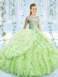 Pretty Sleeveless Organza Brush Train Lace Up Quinceanera Dresses in Yellow Green with Beading and Ruffles and Pick Ups