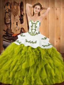Luxurious Olive Green Ball Gowns Strapless Sleeveless Satin and Organza Floor Length Lace Up Embroidery and Ruffles Sweet 16 Quinceanera Dress