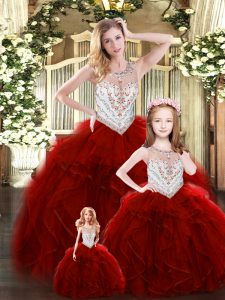 Stylish Ball Gowns Vestidos de Quinceanera Wine Red Scoop Tulle Sleeveless Floor Length Lace Up