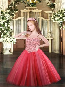 Perfect Sleeveless Floor Length Appliques Lace Up Pageant Gowns For Girls with Coral Red