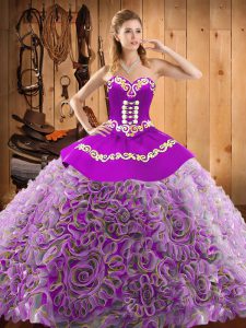 Sweetheart Sleeveless Satin and Fabric With Rolling Flowers Sweet 16 Dresses Embroidery Sweep Train Lace Up