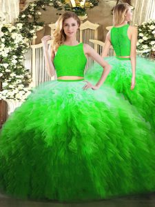 Custom Design Green Ball Gowns Scoop Sleeveless Organza Floor Length Zipper Lace and Ruffles Quinceanera Gowns