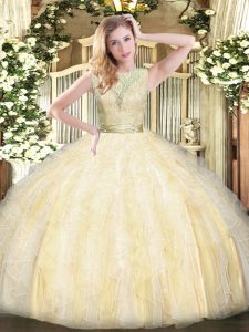 Sleeveless Organza Floor Length Backless 15th Birthday Dress in Light Yellow with Lace and Ruffles