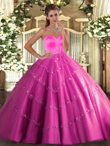 Hot Pink Tulle Lace Up Sweetheart Sleeveless Floor Length Sweet 16 Quinceanera Dress Beading and Appliques
