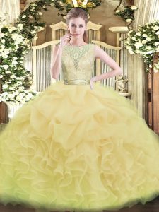 Yellow Green Sweet 16 Quinceanera Dress Military Ball and Sweet 16 and Quinceanera with Lace and Ruffles Scoop Sleeveless Backless