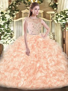 Charming Floor Length Zipper Quinceanera Dress Champagne for Military Ball and Sweet 16 and Quinceanera with Beading and Ruffles